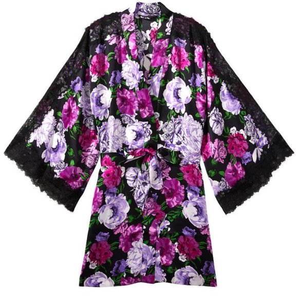 Victorias Secret Kimono Robe Lace Insert Trim sexy robe lace Rose Floral XS/S
